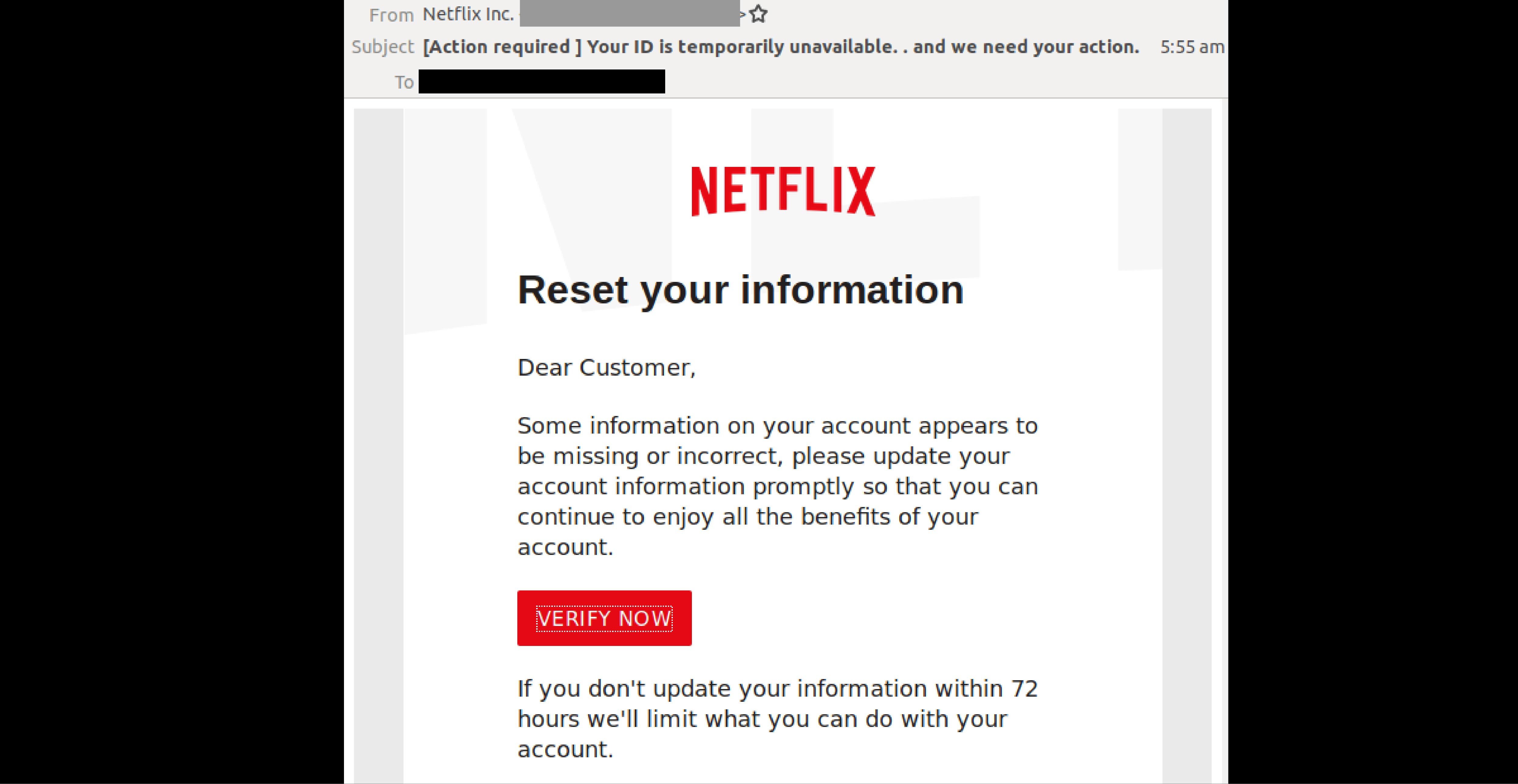 Phishing email spoofing Netflix asks users to ‘reset’ accounts within